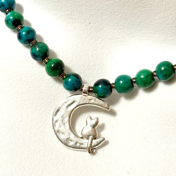 Teal Chrysocolla Short Necklace, Genuine Gemstone & Silver Cat on the Moon Charm - Picture 1 of 13